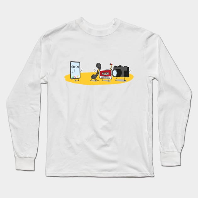 Phone Cassette Camera Bulling Smartphone Funny Cartoon Long Sleeve T-Shirt by udesign